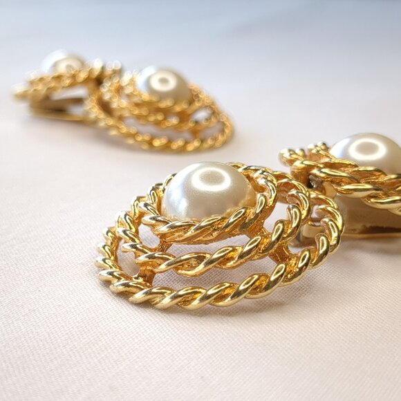 Vintage Gold-Tone and Faux Pearl Drop Earrings - Picture 2 of 11